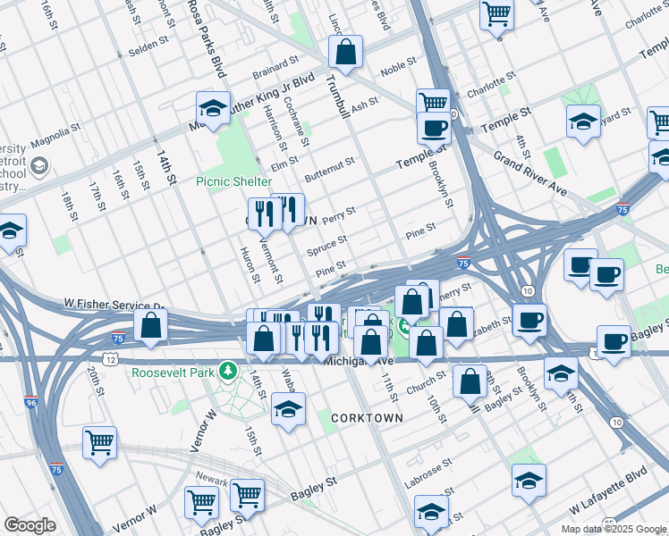 map of restaurants, bars, coffee shops, grocery stores, and more near 1832 Pine Street in Detroit