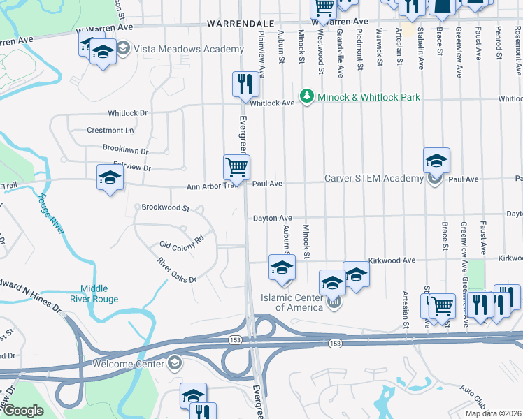 map of restaurants, bars, coffee shops, grocery stores, and more near 6130 Plainview Avenue in Detroit