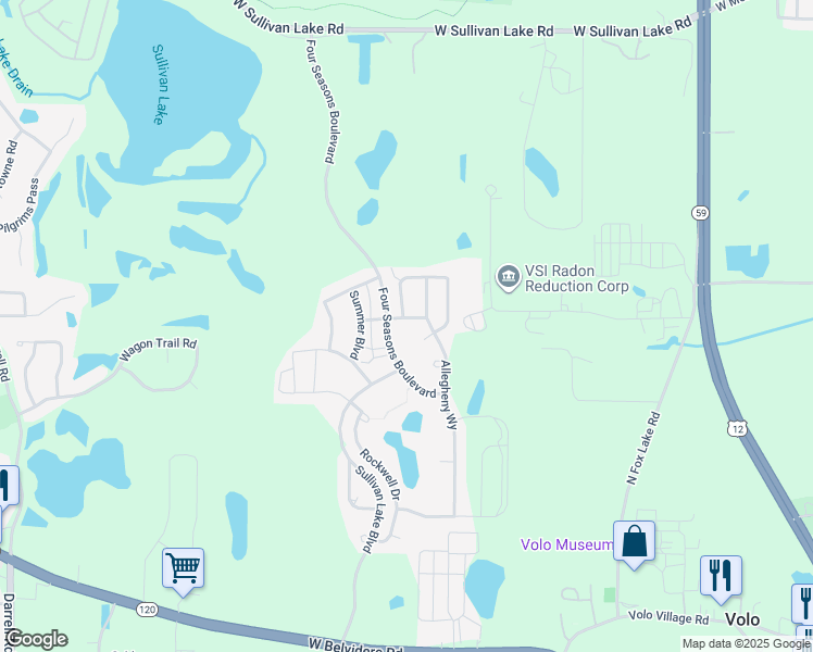map of restaurants, bars, coffee shops, grocery stores, and more near 32388 Allegheny Way in Lakemoor