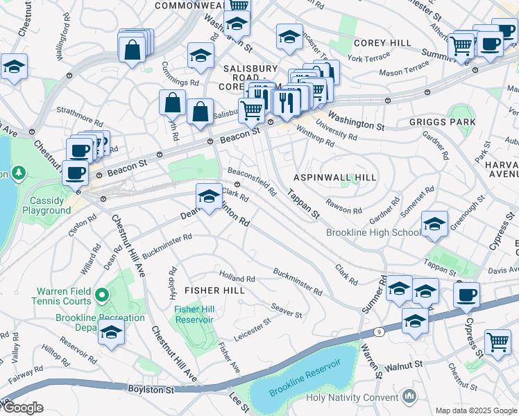map of restaurants, bars, coffee shops, grocery stores, and more near 286 Clark Road in Brookline