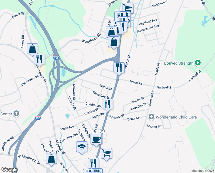 map of restaurants, bars, coffee shops, grocery stores, and more near 24 Wilbur Street in Worcester