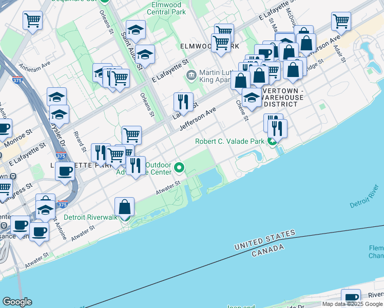 map of restaurants, bars, coffee shops, grocery stores, and more near 1938 Franklin Street in Detroit