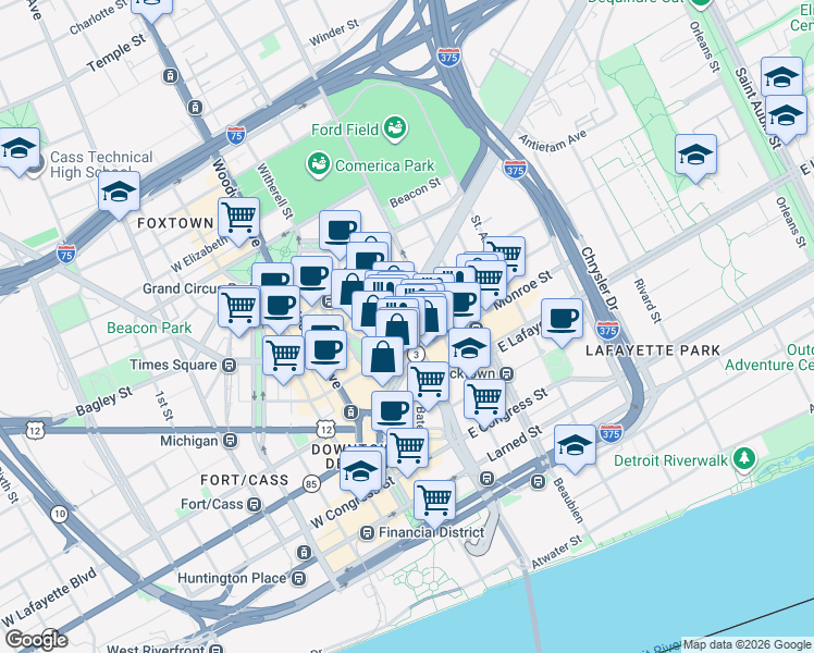 map of restaurants, bars, coffee shops, grocery stores, and more near Gratiot Avenue & Broadway Street in Detroit