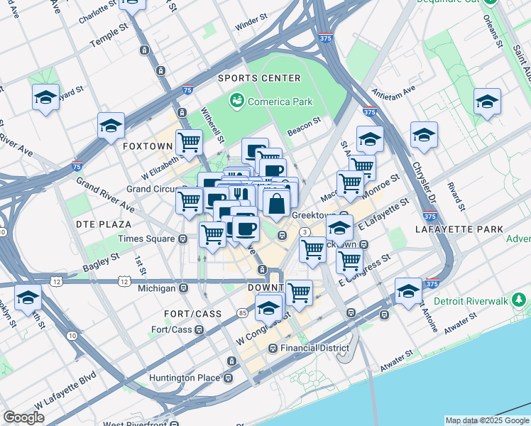 map of restaurants, bars, coffee shops, grocery stores, and more near 1274 Library Street in Detroit