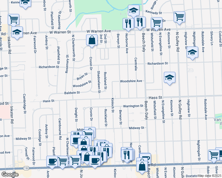 map of restaurants, bars, coffee shops, grocery stores, and more near 6530 Rockland Street in Dearborn Heights