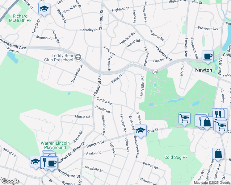 map of restaurants, bars, coffee shops, grocery stores, and more near 70 Helene Road in Newton
