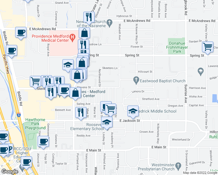 map of restaurants, bars, coffee shops, grocery stores, and more near Stevens St & Bessie St in Medford
