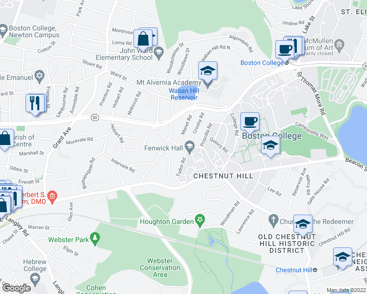 map of restaurants, bars, coffee shops, grocery stores, and more near 127 Hammond Street in Newton