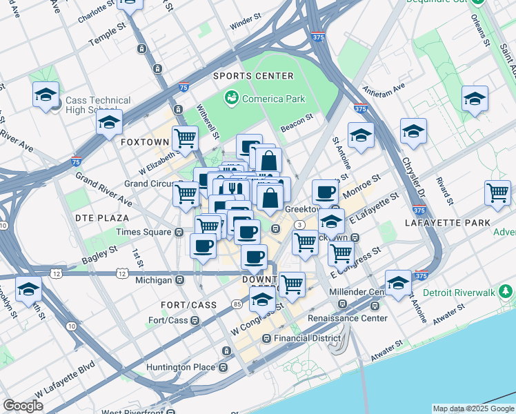map of restaurants, bars, coffee shops, grocery stores, and more near 1274 Library Street in Detroit
