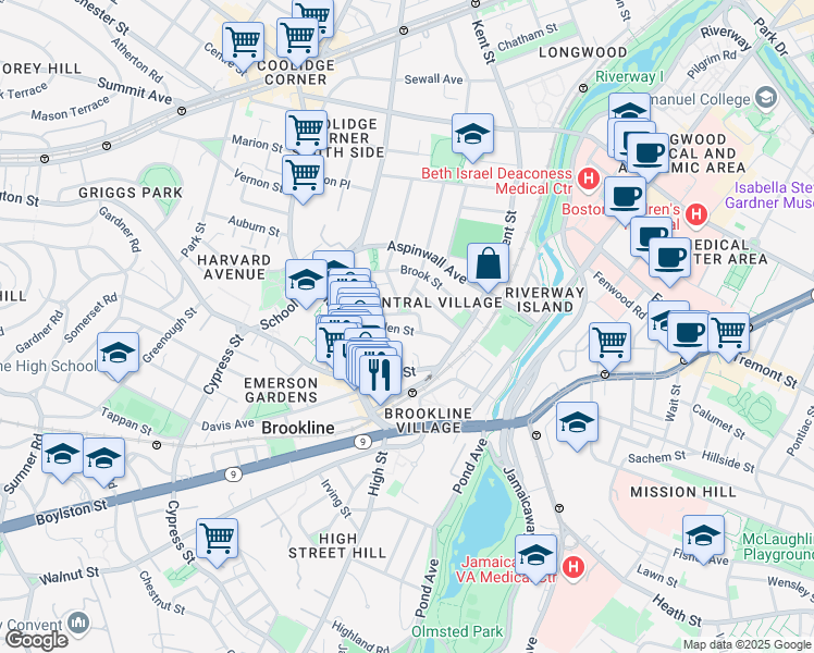 map of restaurants, bars, coffee shops, grocery stores, and more near 45 Linden Street in Brookline