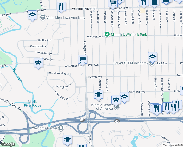 map of restaurants, bars, coffee shops, grocery stores, and more near 6130 Plainview Avenue in Detroit