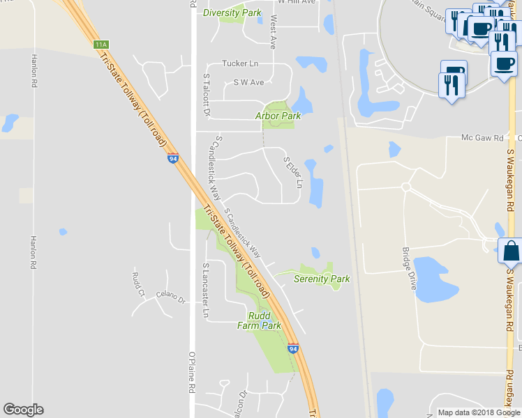 map of restaurants, bars, coffee shops, grocery stores, and more near 4431 West Brownstone Way in Waukegan