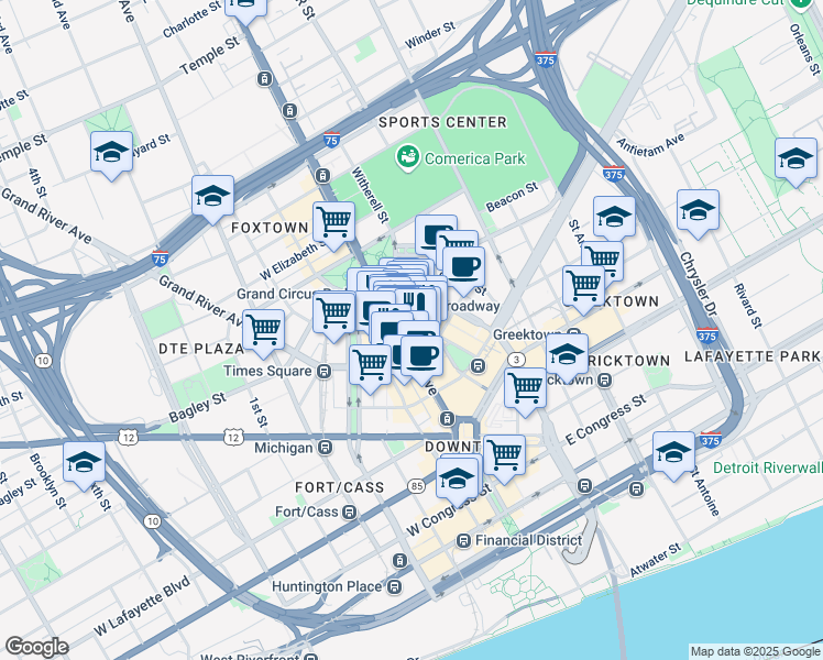 map of restaurants, bars, coffee shops, grocery stores, and more near 1426 Woodward Avenue in Detroit