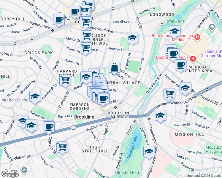 map of restaurants, bars, coffee shops, grocery stores, and more near 15 Linden Street in Brookline