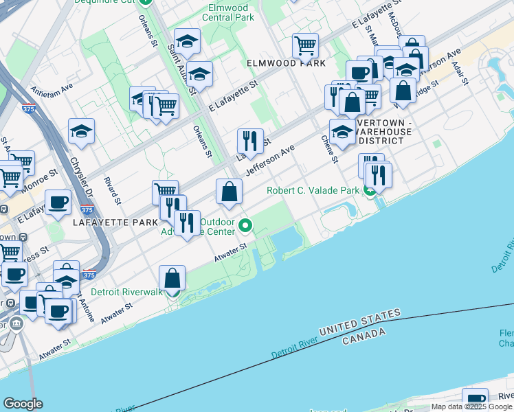 map of restaurants, bars, coffee shops, grocery stores, and more near 1938 Franklin Street in Detroit