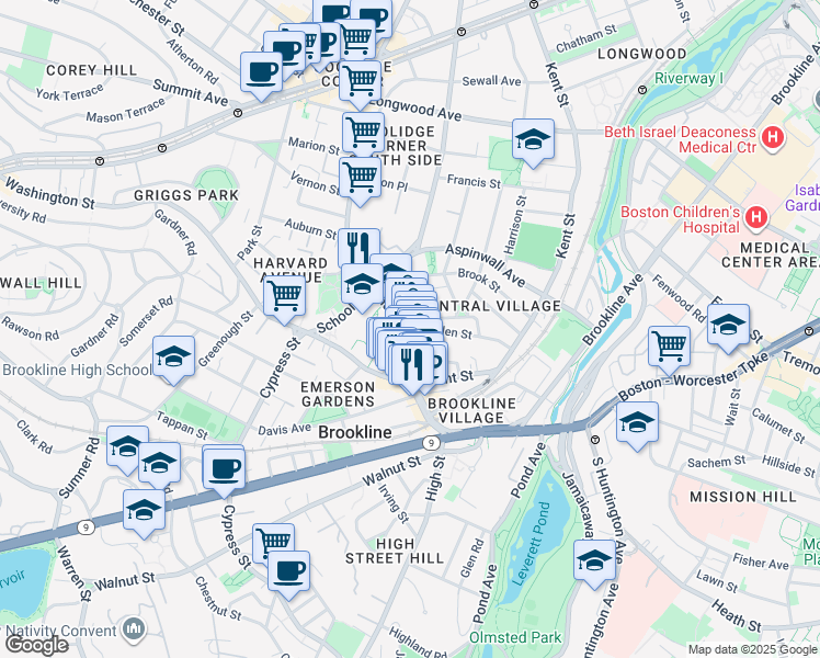 map of restaurants, bars, coffee shops, grocery stores, and more near 11 Pierce Street in Brookline