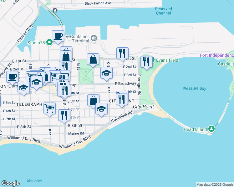 map of restaurants, bars, coffee shops, grocery stores, and more near 883 East 4th Street in Boston