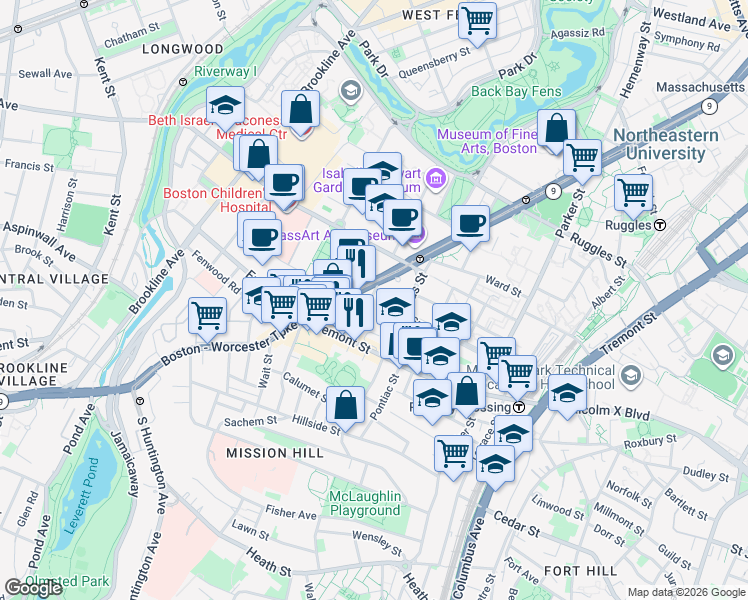 map of restaurants, bars, coffee shops, grocery stores, and more near 31 Worthington Street in Boston