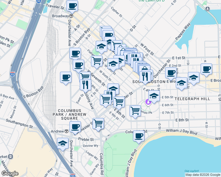 map of restaurants, bars, coffee shops, grocery stores, and more near 52 F Street in Boston