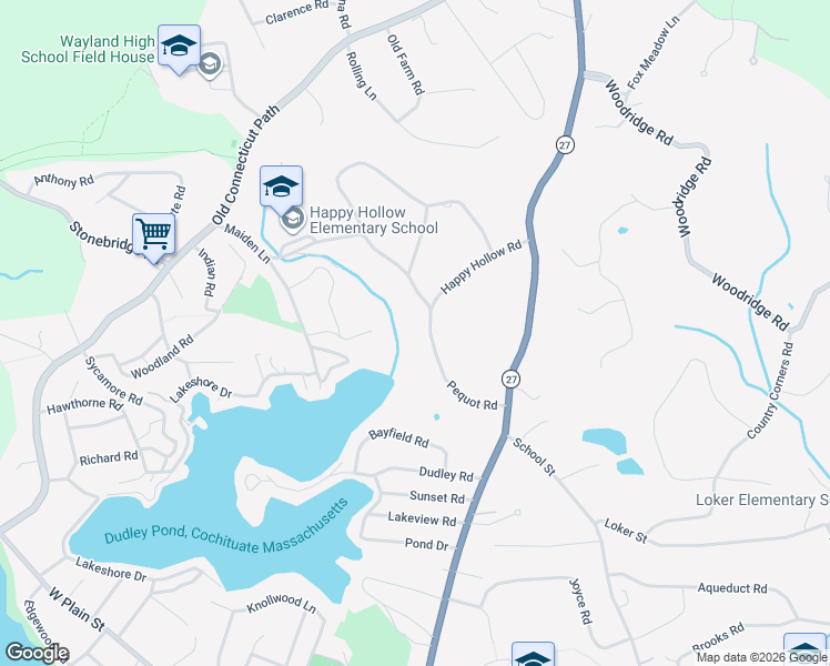 map of restaurants, bars, coffee shops, grocery stores, and more near 28 Pequot Road in Wayland