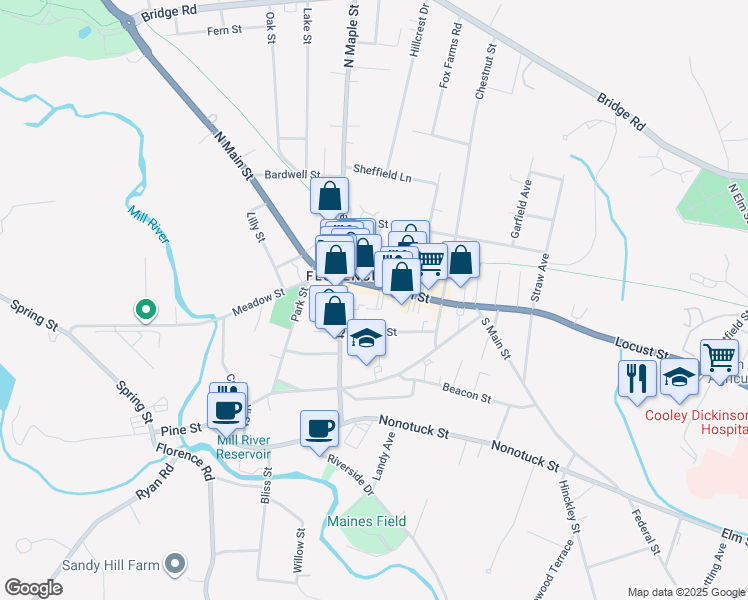 map of restaurants, bars, coffee shops, grocery stores, and more near 70 Main Street in Florence
