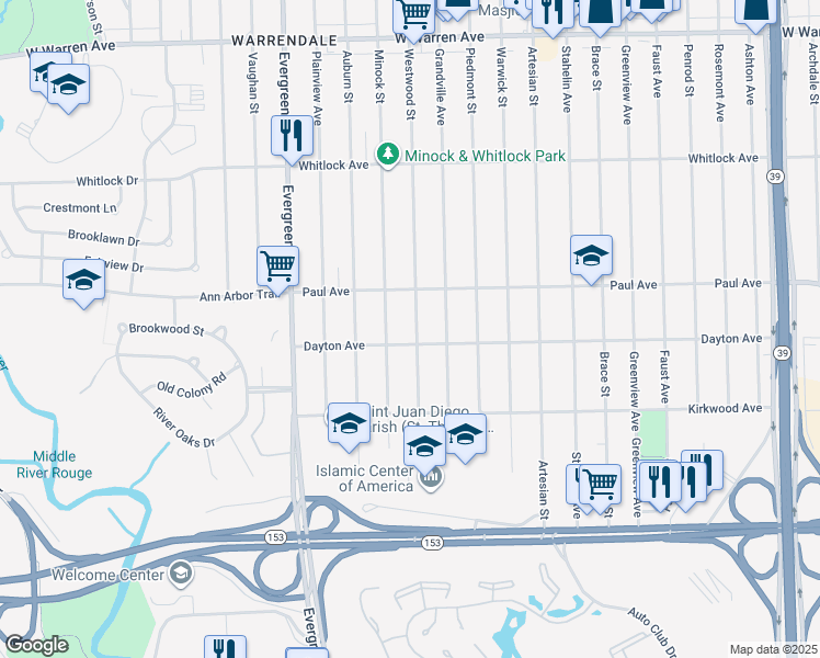 map of restaurants, bars, coffee shops, grocery stores, and more near 6219 Westwood Street in Detroit