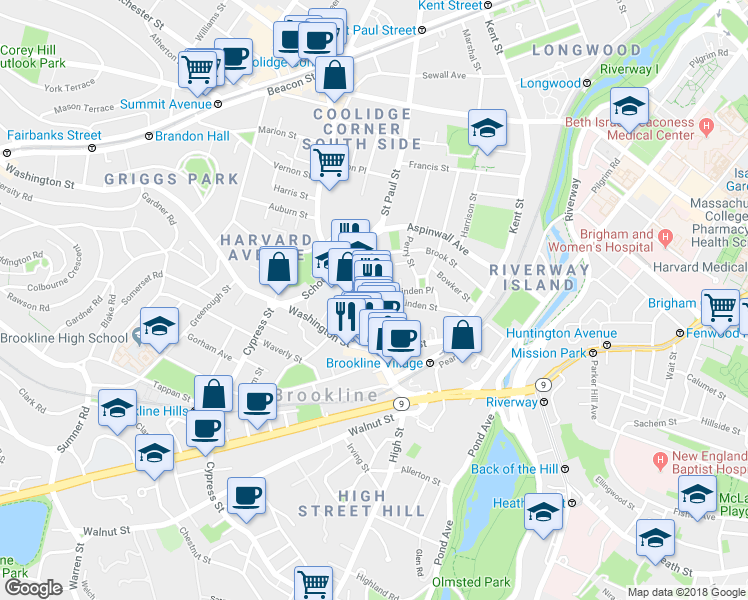 map of restaurants, bars, coffee shops, grocery stores, and more near 45 Harvard Street in Brookline