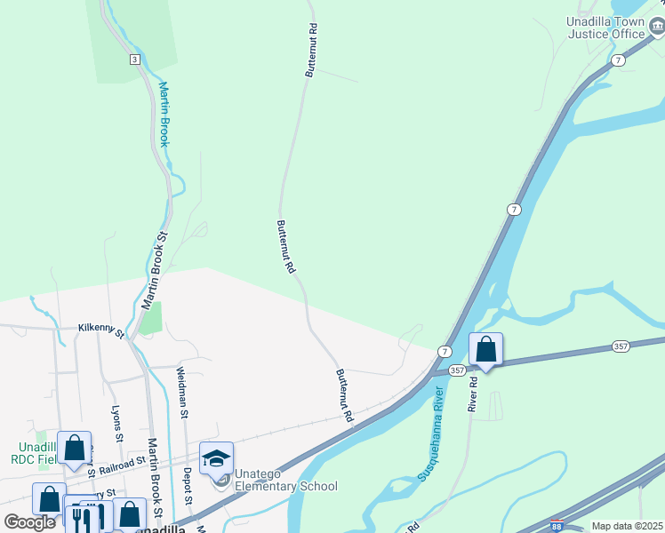 map of restaurants, bars, coffee shops, grocery stores, and more near 190 Butternut Road in Unadilla