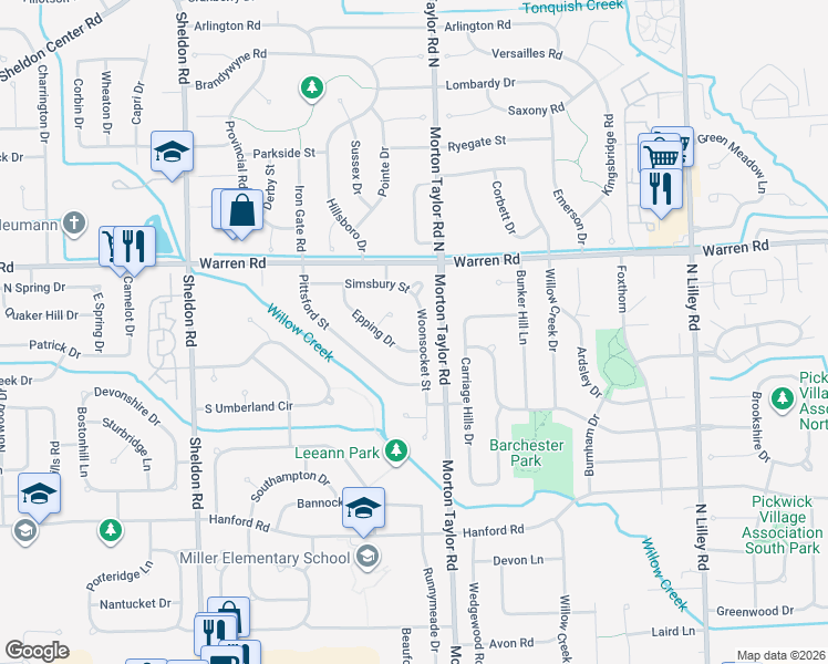 map of restaurants, bars, coffee shops, grocery stores, and more near 6930 Epping Drive in Canton