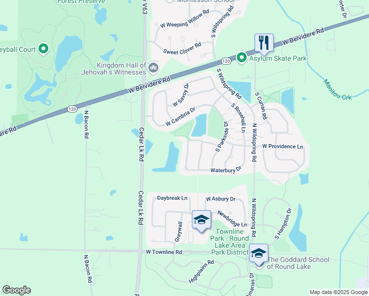 map of restaurants, bars, coffee shops, grocery stores, and more near 744 South Winchester Drive in Round Lake