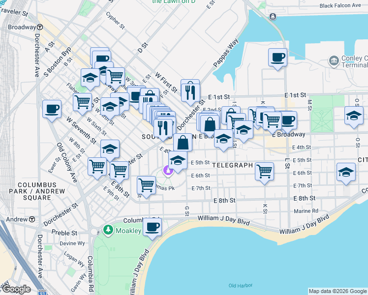 map of restaurants, bars, coffee shops, grocery stores, and more near 43 G Street in Boston