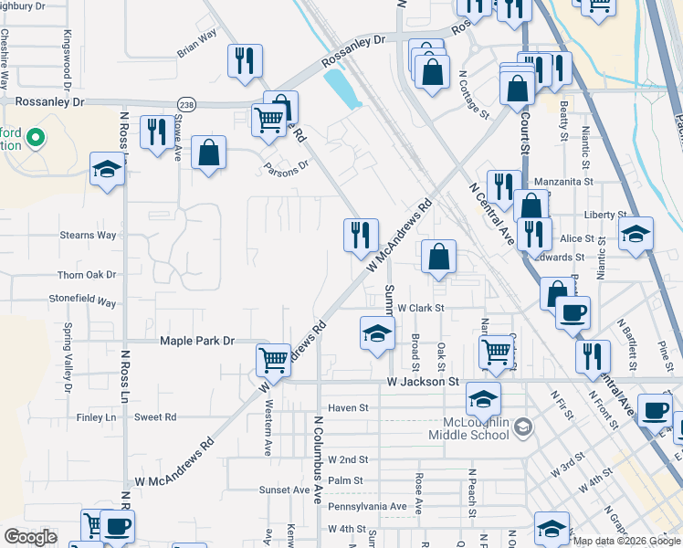 map of restaurants, bars, coffee shops, grocery stores, and more near 726 West McAndrews Road in Medford