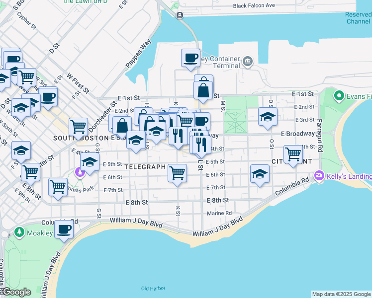 map of restaurants, bars, coffee shops, grocery stores, and more near 689 East 4th Street in Boston
