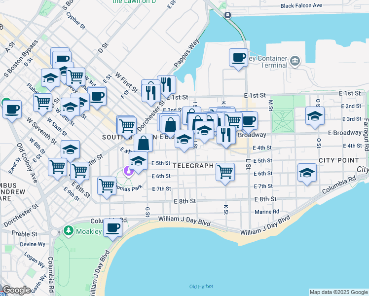 map of restaurants, bars, coffee shops, grocery stores, and more near 96 H Street in Boston
