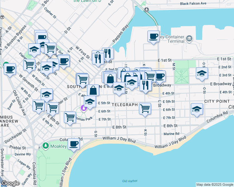 map of restaurants, bars, coffee shops, grocery stores, and more near 96 H Street in Boston
