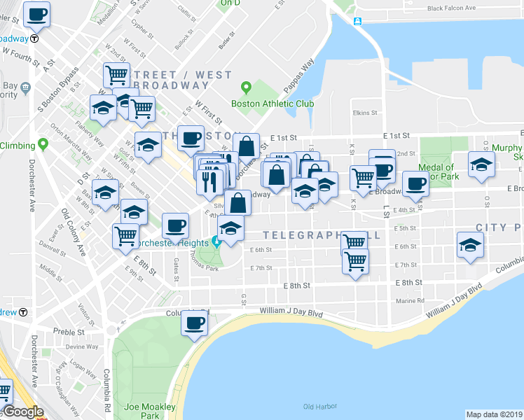 map of restaurants, bars, coffee shops, grocery stores, and more near 543 East 4th Street in Boston
