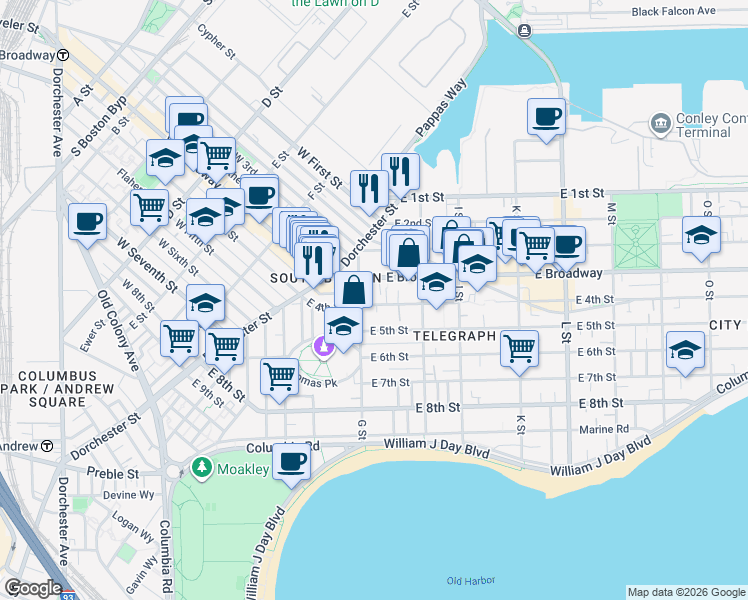map of restaurants, bars, coffee shops, grocery stores, and more near 543 East 4th Street in Boston