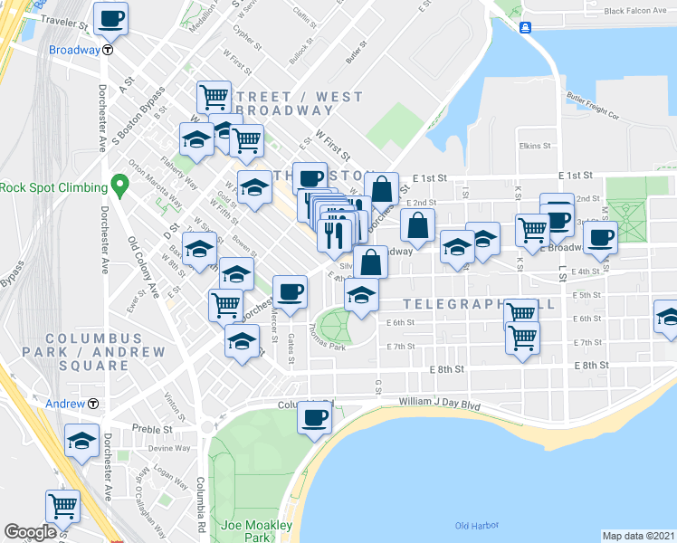map of restaurants, bars, coffee shops, grocery stores, and more near 475 East 4th Street in Boston