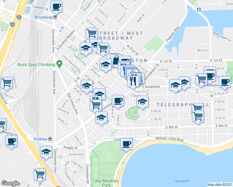 map of restaurants, bars, coffee shops, grocery stores, and more near 256 West Sixth Street in Boston