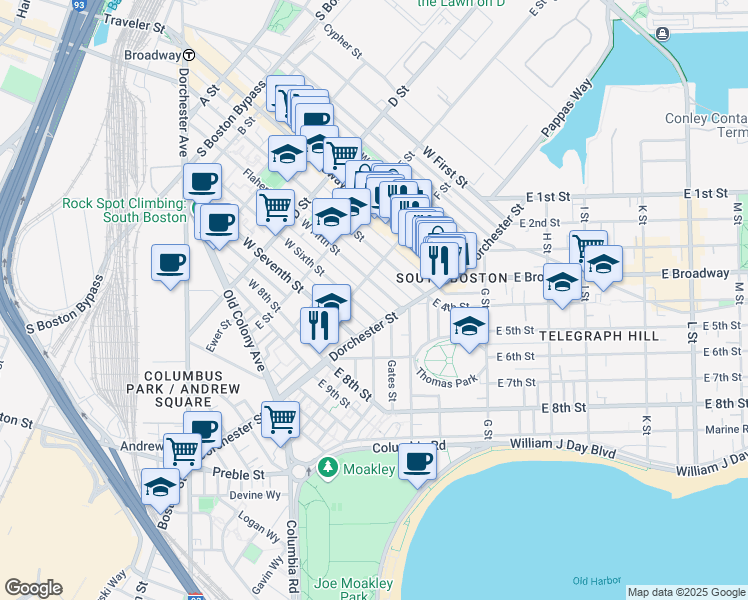 map of restaurants, bars, coffee shops, grocery stores, and more near 256 West Sixth Street in Boston