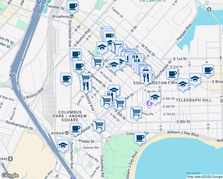 map of restaurants, bars, coffee shops, grocery stores, and more near 52 F Street in Boston