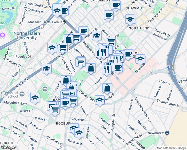 map of restaurants, bars, coffee shops, grocery stores, and more near in Boston