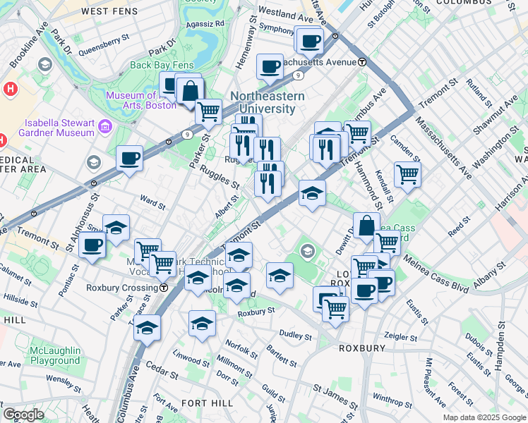 map of restaurants, bars, coffee shops, grocery stores, and more near 1199 Tremont Street in Boston