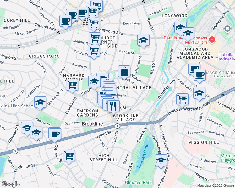 map of restaurants, bars, coffee shops, grocery stores, and more near 15 Linden Street in Brookline