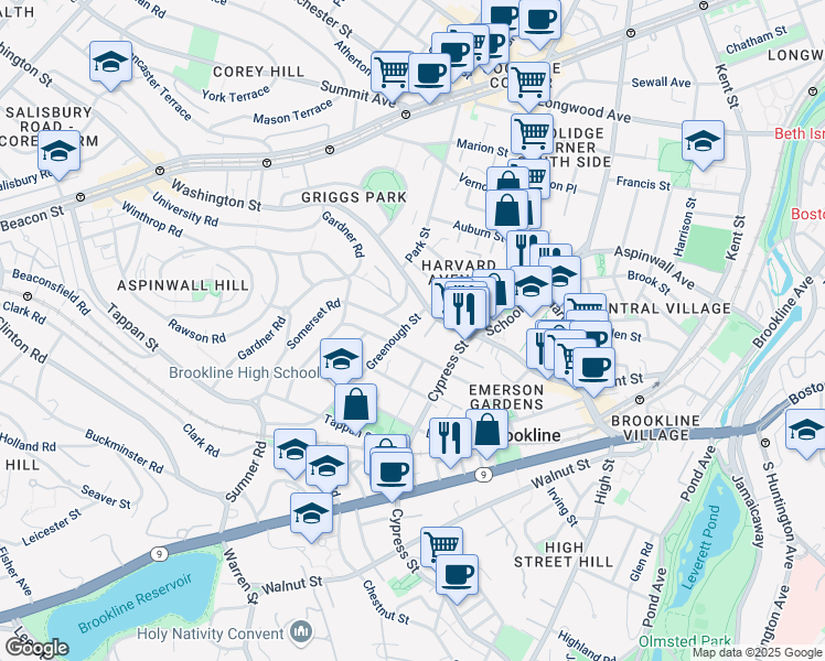 map of restaurants, bars, coffee shops, grocery stores, and more near 34 Greenough Street in Brookline