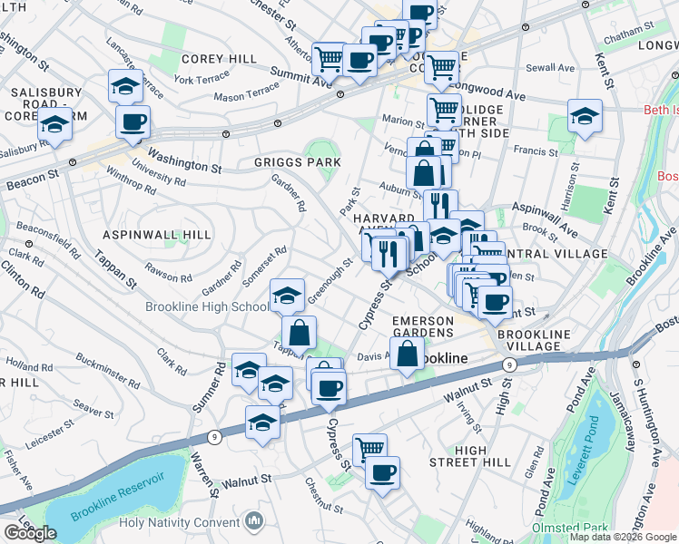 map of restaurants, bars, coffee shops, grocery stores, and more near 34 Greenough Street in Brookline