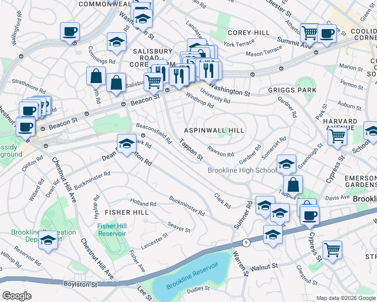 map of restaurants, bars, coffee shops, grocery stores, and more near 246 Tappan Street in Brookline