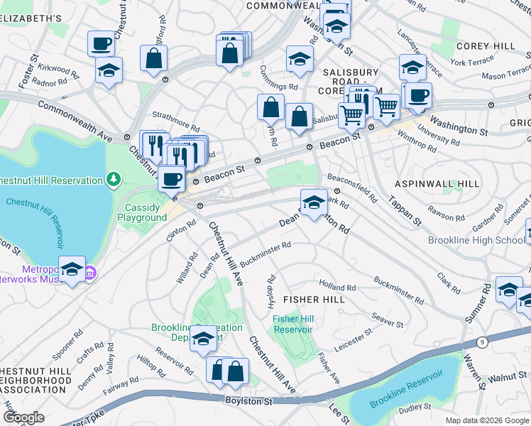 map of restaurants, bars, coffee shops, grocery stores, and more near 286R Clinton Road in Brookline