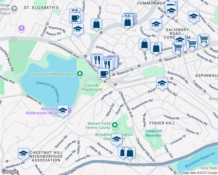 map of restaurants, bars, coffee shops, grocery stores, and more near 420 Chestnut Hill Avenue in Brookline