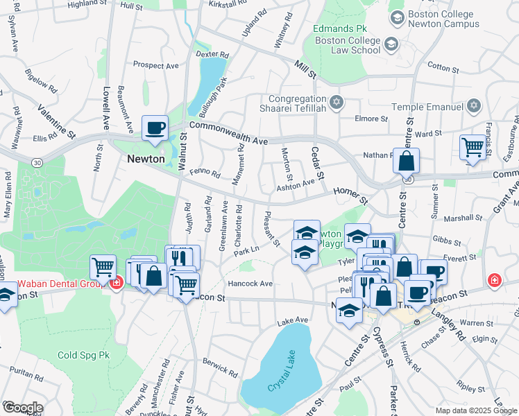 map of restaurants, bars, coffee shops, grocery stores, and more near 228 Pleasant Street in Newton
